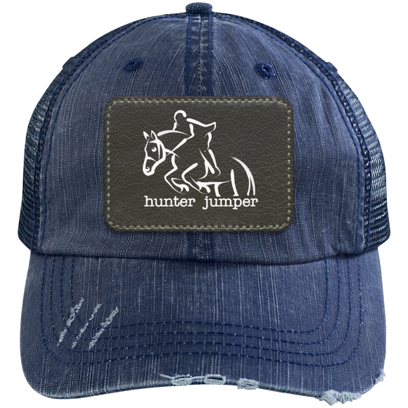 HUNTER JUMPER BLACK LEATHER 6990 Distressed Unstructured Trucker Cap - Patch
